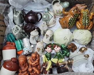 Assorted Ceramic Figurines and Salt and Pepper Shakers, including Wall Drug, SD souvenir