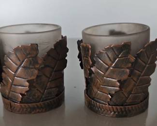 Frosted Glass Votive Candle Holders with Leaf Design Metal Cuffs