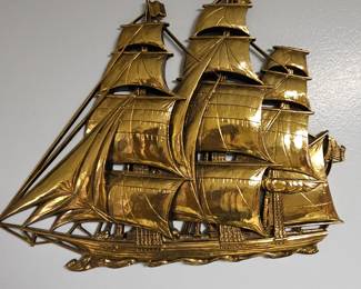 Vintage Brass Sailing Ship Wall Art Sculpture