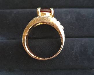 GoldTone Ring with Red Oval Stone and Pave Accent Stones second image