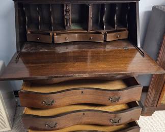 Antique Chippendale Style Mahogany Serpentine Front Secretary Desk