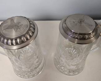 Pair of James Meger Etched Glass Beer Steins with Pewter Lids third image