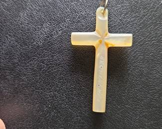 Carved Mother of Pearl Cross Pendant with Inscription