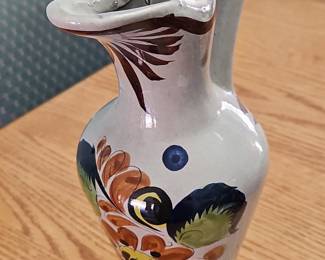 Vintage Hand-Painted Mexican Ceramic Pitcher with Floral Motifs