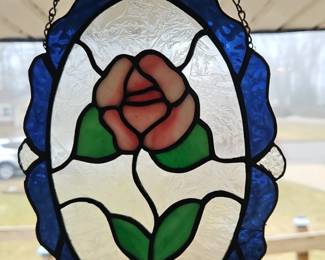 Stained Glass Pink Rose Sun Catcher with Blue Border