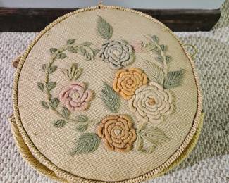 Vintage Wicker Sewing Basket with Floral Embroidery and Tufted Satin Interior third image