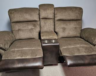 Brown Fabric Double Reclining Loveseat with Center Console and Cup Holders