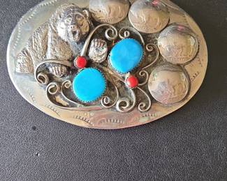 Native American Style Buffalo Nickel and Turquoise Belt Buckle with Bear Motif
