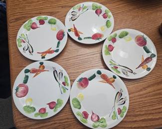 Vintage Hand-Painted Vegetable Ceramic Serving Bowl and Plate Set by Los Angeles Potteries