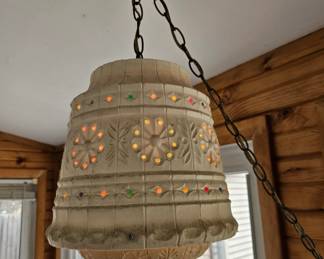 Vintage Lawnware Ceramic Hanging Lamp with Embossed Floral Design and Colored Jewels
