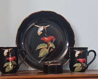 Otagiri Black Porcelain Plate, Two Mugs, and Trinket Box with Hummingbird and Hibiscus Motif