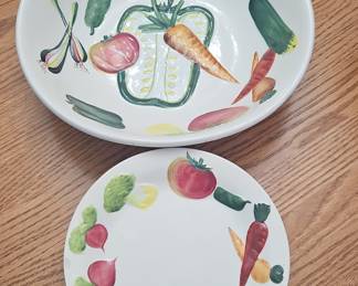 Vintage Hand-Painted Vegetable Ceramic Serving Bowl and Plate Set by Los Angeles Potteries