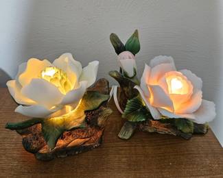 Vintage Ceramic Rose and Lotus Flower Table Lamps (Set of 2)