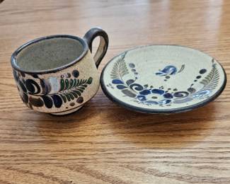 Vintage Tonala Mexican Pottery Coffee Cup and Saucer Set