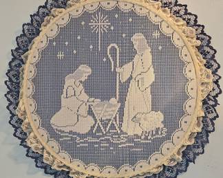 Vintage Nativity Scene Filet Crochet Wall Hanging