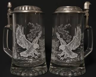 Pair of James Meger Etched Glass Beer Steins with Pewter Lids