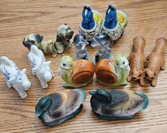 Assorted Ceramic Animal Salt and Pepper Shakers - Includes Pugs, Ducks, Squirrels, Snails, Cows, and Peacocks