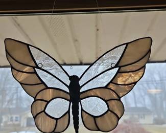Stained Glass Butterfly Suncatcher  Amber and Etched Floral