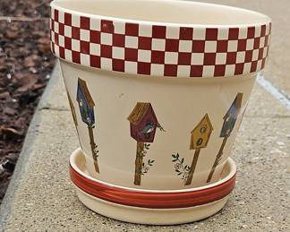 Ceramic Planter Pot with Birdhouse Design and Saucer