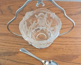 Vintage Glass Jam/Jelly Dish with Silver Plate Holder and Spoon