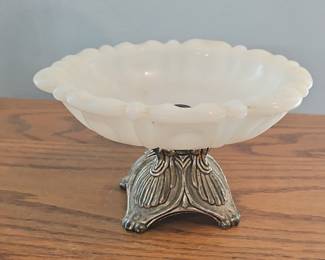 Vintage Milk Glass Shell Soap Dish with Ornate Metal Base