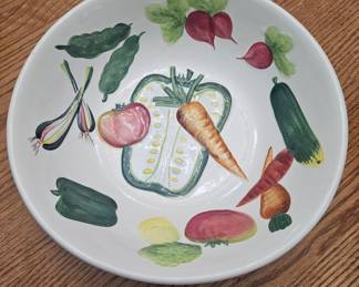 Vintage Hand-Painted Vegetable Ceramic Serving Bowl and Plate Set by Los Angeles Potteries
