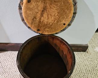 Vintage Wooden Sewing Bucket with Upholstered Seat second image
