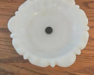 Vintage Milk Glass Shell Soap Dish with Ornate Metal Base