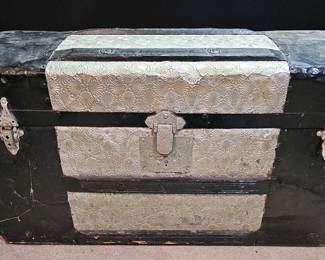 Antique Dome Top Steamer Trunk with Embossed Tin Panels