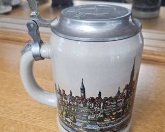 Munich Ceramic Beer Stein with BMW Lid and Pewter Handle