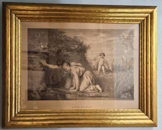 Love's Mirror Engraving After Watteau in Gilt Frame