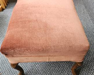 Vintage Pink Velvet Upholstered Ottoman with Carved Cabriole Legs second image