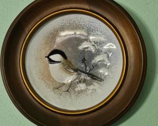 Framed Enamel Chickadee Plate