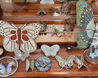 Assorted Butterfly Collectibles Display with Taxidermy