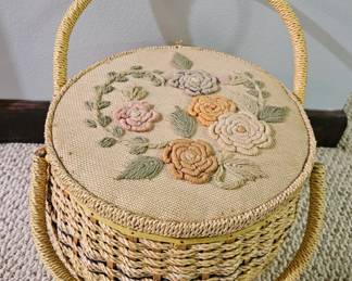 Vintage Wicker Sewing Basket with Floral Embroidery and Tufted Satin Interior