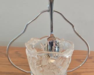 Vintage Glass Jam/Jelly Dish with Silver Plate Holder and Spoon