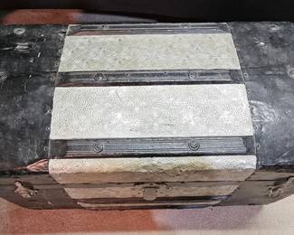 Antique Dome Top Steamer Trunk with Embossed Tin Panels third image