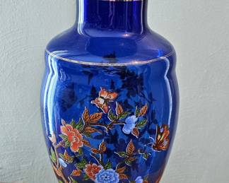 Vintage Cobalt Blue Japanese Porcelain Vase with Floral and Butterfly Motif and Gold Trim