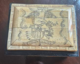 Antique Scrimshaw Bone Box with American Eagle and Geometric Patterns