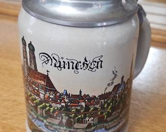 Munich Ceramic Beer Stein with BMW Lid and Pewter Handle