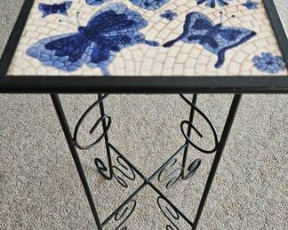 Butterfly Mosaic Side Table with Ornate Scrolling Base