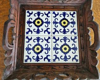 Carved Wood Trivet with Talavera Tiles  Puebla Pattern