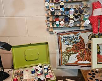 Vintage Green Metal Sewing Box with Thread Collection