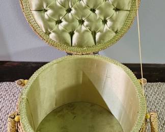 Vintage Wicker Sewing Basket with Floral Embroidery and Tufted Satin Interior second image