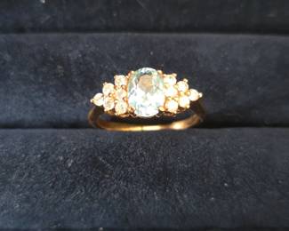 Oval Aquamarine and White Stone Ring in GoldTone Metal