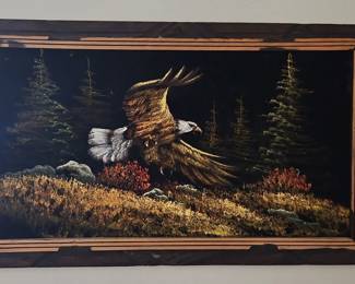 Vintage Black Velvet Painting of Bald Eagle in Flight