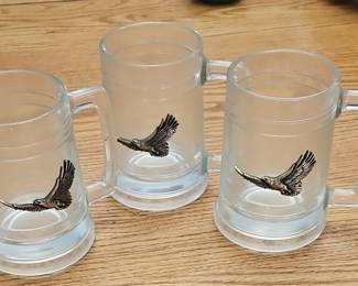 Set of 3 Frosted Glass Beer Mugs with Bald Eagle Embellishments