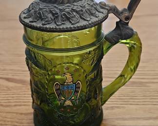 Green Glass Beer Stein with Pewter Lid and US Great Seal Emblem