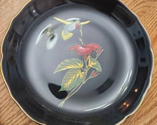 Otagiri Black Porcelain Plate, Two Mugs, and Trinket Box with Hummingbird and Hibiscus Motif