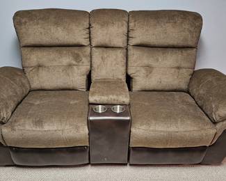 Brown Fabric Double Reclining Loveseat with Center Console and Cup Holders